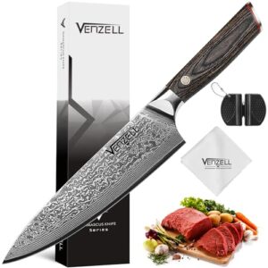 venzell damascus chef knife 8 inch kitchen knife premium ergonomic handle cooking knifewith gift box