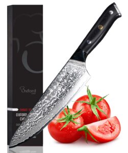 oxford chef chefs knife 8 inch best damascus- japanese- vg10 super steel 67 layer high carbon stainless steel-razor sharp, stain & corrosion resistant, awesome edge retention