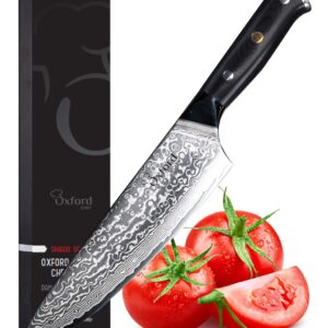 OXFORD CHEF Chefs Knife 8 inch Best Damascus- Japanese- VG10 Super Steel 67 Layer High Carbon Stainless Steel-Razor Sharp, Stain & Corrosion Resistant, Awesome Edge Retention