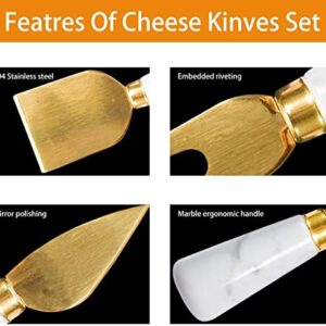 YIXIValley 4PCs Gold Cheese Knife Set, Marble Cheese Butter Spreader Cutter with Ergonomic Ceramic Handle, Stainless Steel Cheese Shaver and Fork for Birthday, Wedding, Anniversary - Gold