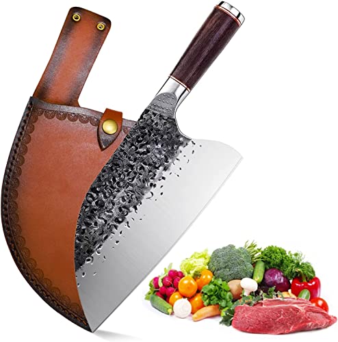 Serbian Chefs Knife High Carbon Steel Meat Cleaver Kitchen Knives Full Tang Vegetable Chopping Knife Butcher Knife for Home BBQ Camping With Sheath