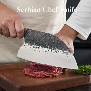 Serbian Chefs Knife High Carbon Steel Meat Cleaver Kitchen Knives Full Tang Vegetable Chopping Knife Butcher Knife for Home BBQ Camping With Sheath