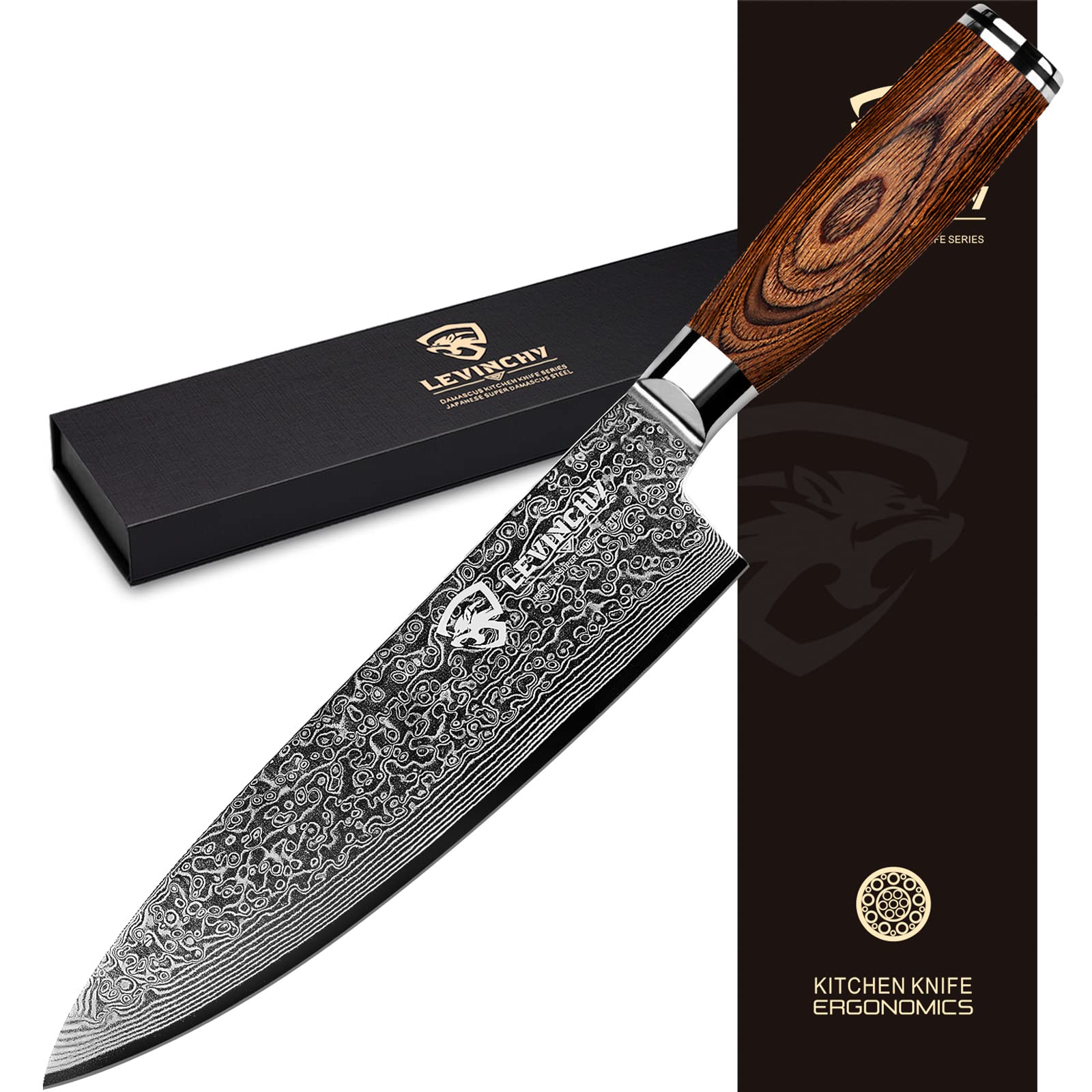 LEVINCHY Damascus Chef's Knife 8 inch Professional Handmade Damascus Stainless Steel Kitchen Knife, Superb Edge Retention, Stain & Corrosion Resistant, Ergonomic PAKKA Wood Handle