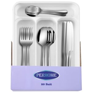perhome 20-piece silverware set for 4, stainless steel eating utensils sets, mirror polished flatware cutlery set for home kitchen restaurant hotel, include fork knife spoon set, dishwasher safe