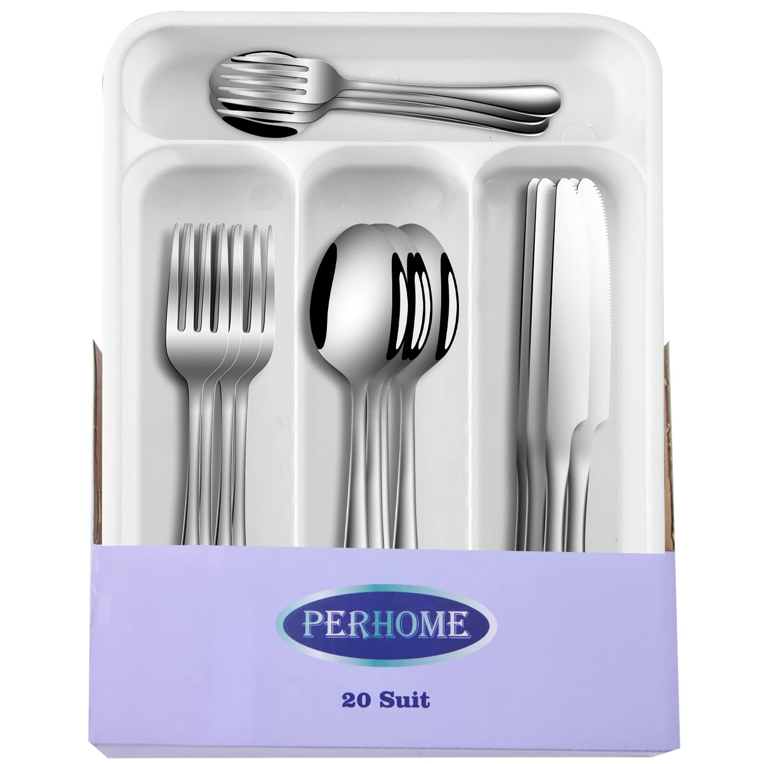 PERHOME 20-Piece Silverware Set for 4, Stainless Steel Eating Utensils Sets, Mirror Polished Flatware Cutlery Set for Home Kitchen Restaurant Hotel, Include Fork Knife Spoon Set, Dishwasher Safe