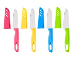 chuyiren paring knife, 4 pcs paring knife with sheath, 4" vegetable and fruit knife, stainless steel small kitchen knife for cooking, peeling, slicing, picnics,&travel, pink/green/yellow/blue