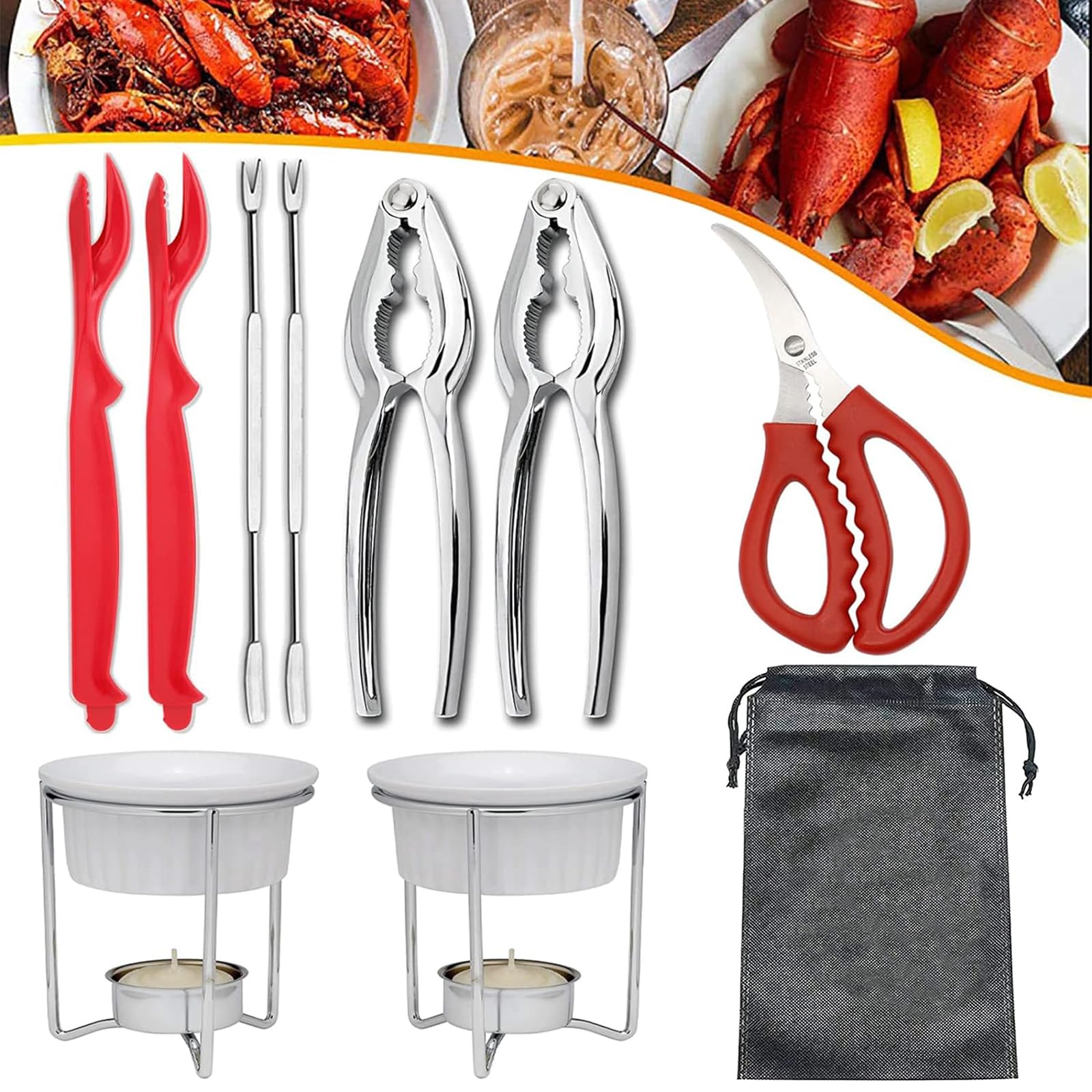 15PC Crab Lobster Crackers Tools, Seafood Tools Set Includes 2 Crab Crackers, 4 Lobster Shellers, 4 Crab Leg Forks, 2 Seafood Scissors, 2 Oyster Knives and 1 Storage Bag