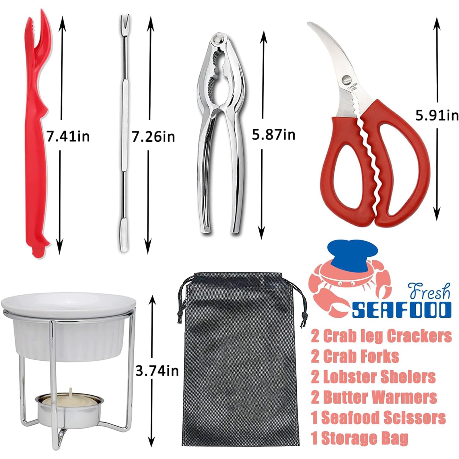 15PC Crab Lobster Crackers Tools, Seafood Tools Set Includes 2 Crab Crackers, 4 Lobster Shellers, 4 Crab Leg Forks, 2 Seafood Scissors, 2 Oyster Knives and 1 Storage Bag