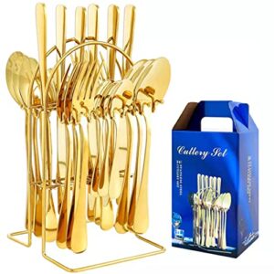 silverware set 24 piece gold silverware flatware cutlery set with stand include knife fork spoon,hanging stainless steel utensils set service for 6,dishwasher safe (gold)