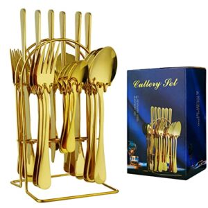 Silverware Set 24 Piece Gold Silverware Flatware Cutlery Set With Stand Include Knife Fork Spoon,Hanging Stainless Steel Utensils Set Service for 6,Dishwasher Safe (gold)