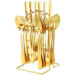 Silverware Set 24 Piece Gold Silverware Flatware Cutlery Set With Stand Include Knife Fork Spoon,Hanging Stainless Steel Utensils Set Service for 6,Dishwasher Safe (gold)