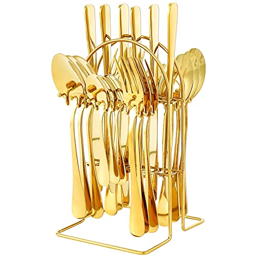 Silverware Set 24 Piece Gold Silverware Flatware Cutlery Set With Stand Include Knife Fork Spoon,Hanging Stainless Steel Utensils Set Service for 6,Dishwasher Safe (gold)