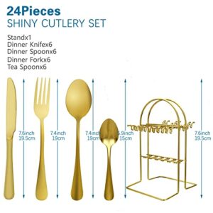 Silverware Set 24 Piece Gold Silverware Flatware Cutlery Set With Stand Include Knife Fork Spoon,Hanging Stainless Steel Utensils Set Service for 6,Dishwasher Safe (gold)