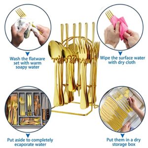 Silverware Set 24 Piece Gold Silverware Flatware Cutlery Set With Stand Include Knife Fork Spoon,Hanging Stainless Steel Utensils Set Service for 6,Dishwasher Safe (gold)