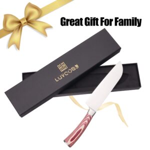 LUVCOSY Santoku Knife, 7 Inch Japanese Chef Knife with Ergonomic Pakkawood Handle, Stainless Steel Cooking Knife with Gift Box, Razor Sharp Home Kitchen Knife for Cutting Meat/Vegetables/Fruits/Bread