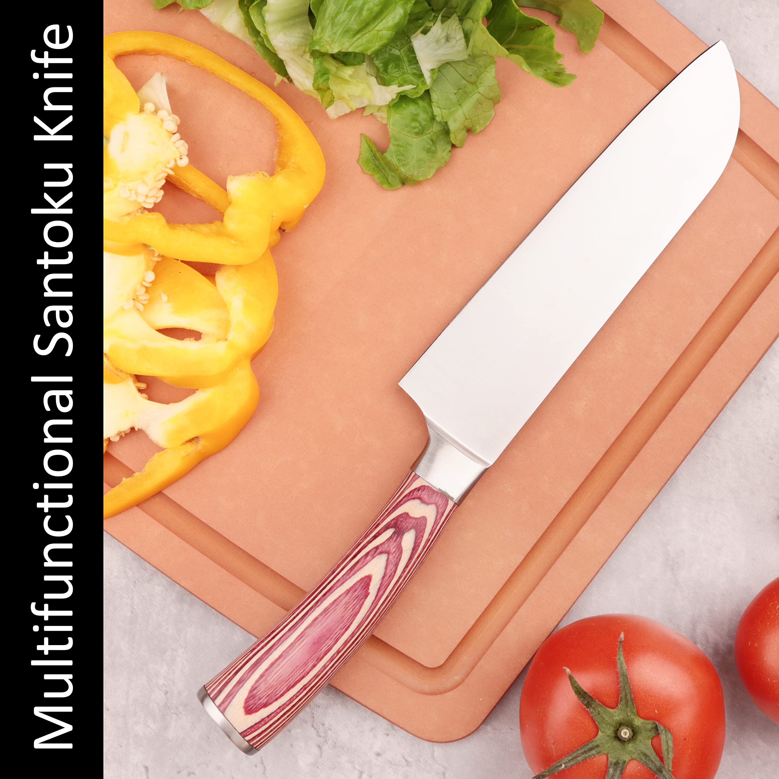 LUVCOSY Santoku Knife, 7 Inch Japanese Chef Knife with Ergonomic Pakkawood Handle, Stainless Steel Cooking Knife with Gift Box, Razor Sharp Home Kitchen Knife for Cutting Meat/Vegetables/Fruits/Bread