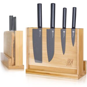 magnetic knife block, universal knife holder wooden knives rack with double sided magnetic and acrylic protection shield for kitchen multifunctional storage (without knives & cutting board）