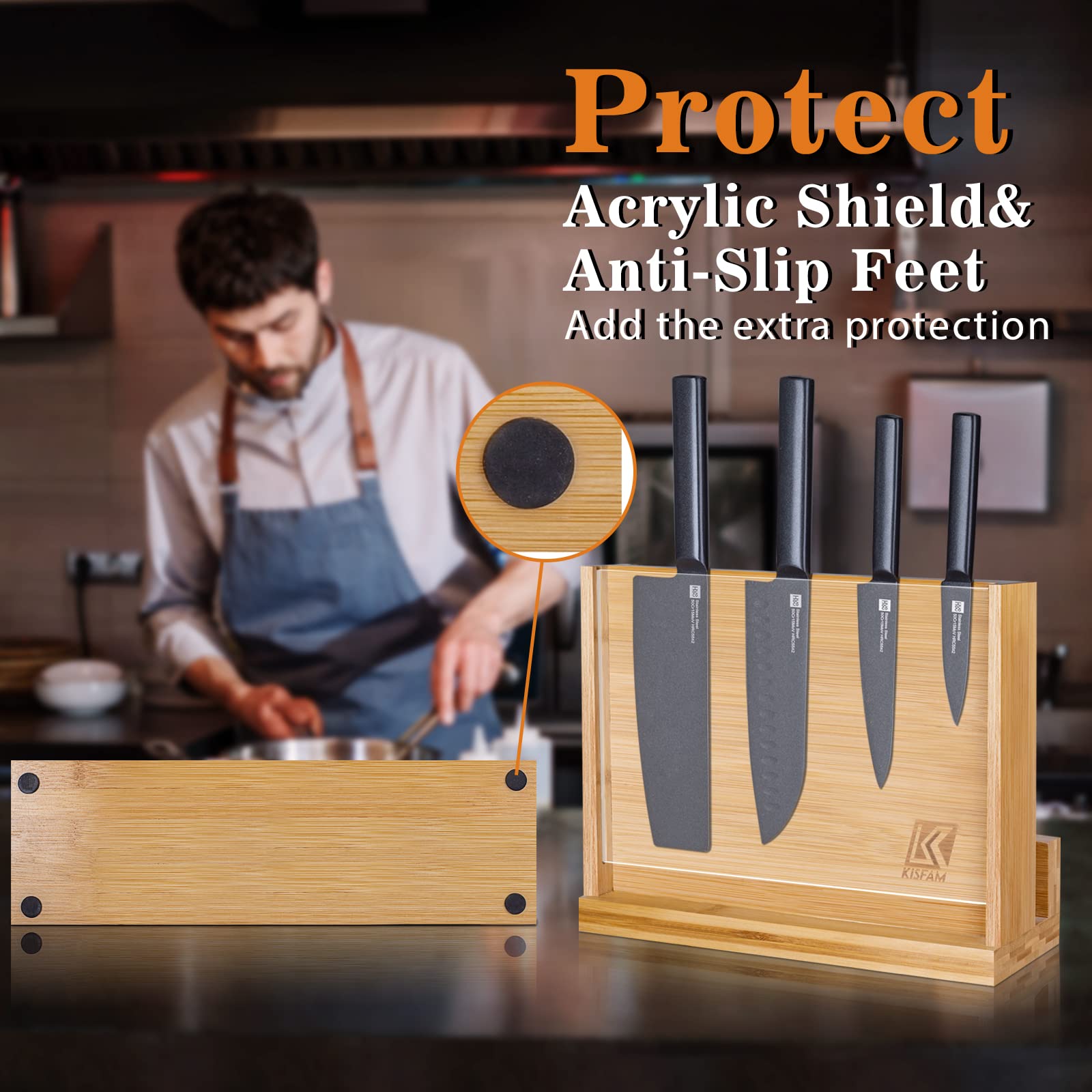 Magnetic Knife Block, Universal Knife Holder Wooden Knives Rack with Double Sided Magnetic and Acrylic Protection Shield for Kitchen Multifunctional Storage (Without Knives & Cutting Board）