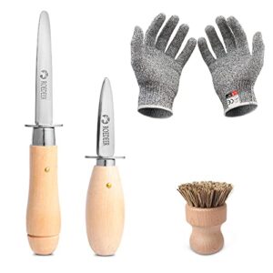 roedeer oyster/clam knife shucker set,oyster shucking knifes(3.7"+2.4") and cut resistant level 5 gloves,perfect seafood opener tools kit(2knifes+1glove+1brush)