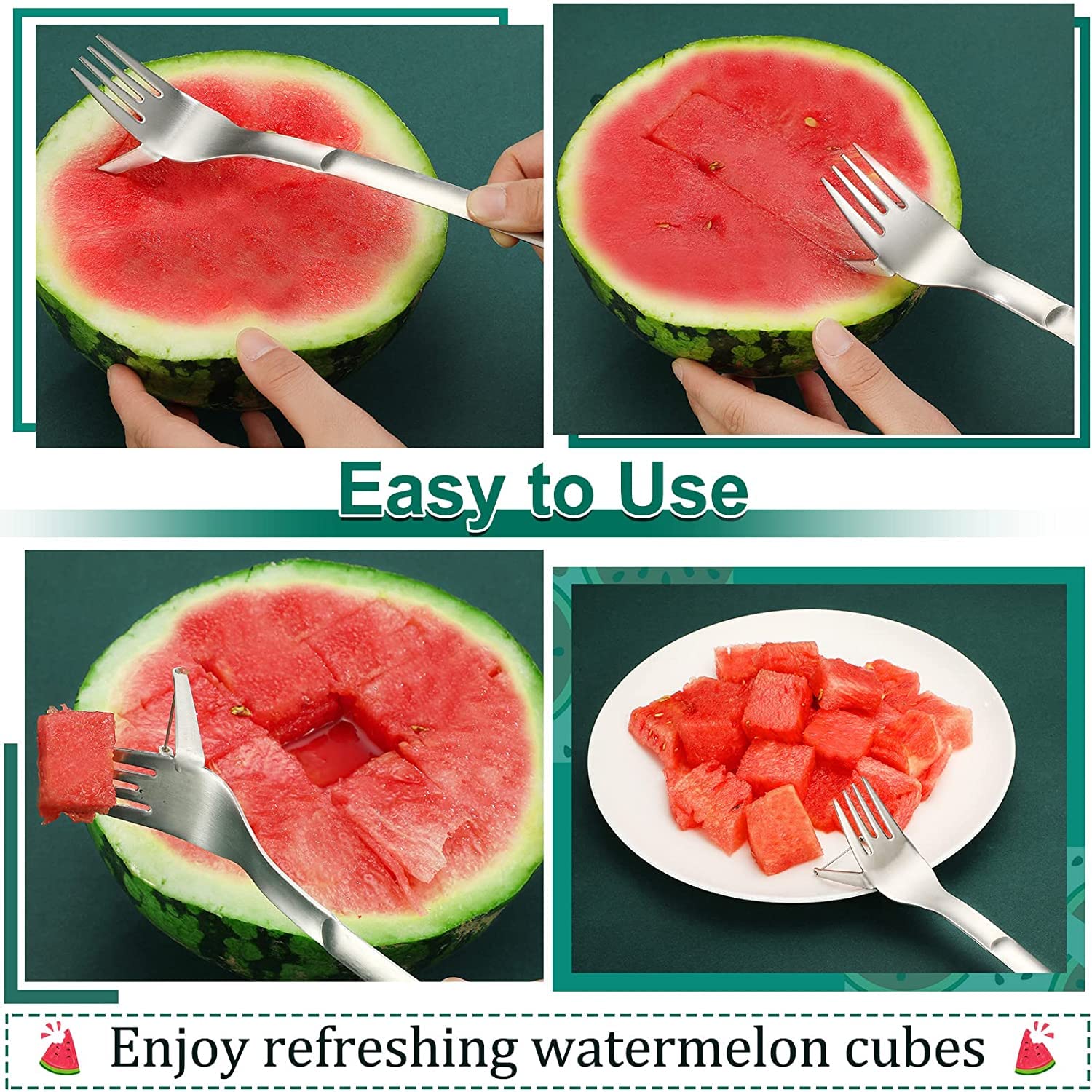 2 Pack Watermelon Fork Slicer, 2-in-1 Watermelon Slicer, Summer Watermelon Cutter, Stainless Steel Fruit Forks Slicer Knife for for Camping Kitchen