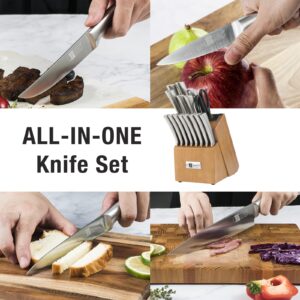 JF JAMES.F Knife Set, 17 Piece Dishwasher Safe Kitchen Knife Set with Block Super Sharp Stainless Steel Knife Sets for Kitchen with Block, Scissors & Built-in Sharpener