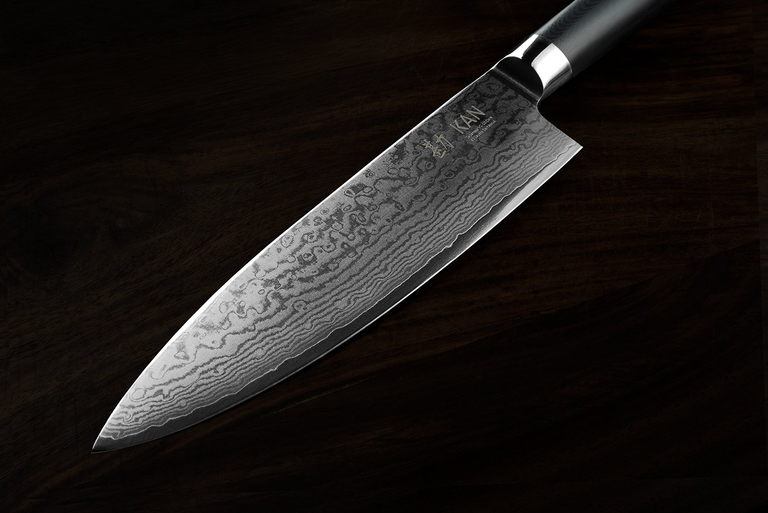 KAN Core Chef Knife 8-inch VG-10 67 layers Damascus Ambidextrous (Non-Hammered VG-10 Blade, Ebony Handle)