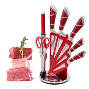 kitchen knife set, chefdeer 9-piece pink sharp non-stick coated chef knives block set,stainless steel knife set for kitchen with sharpener for cutting slicing dicing chopping (red)