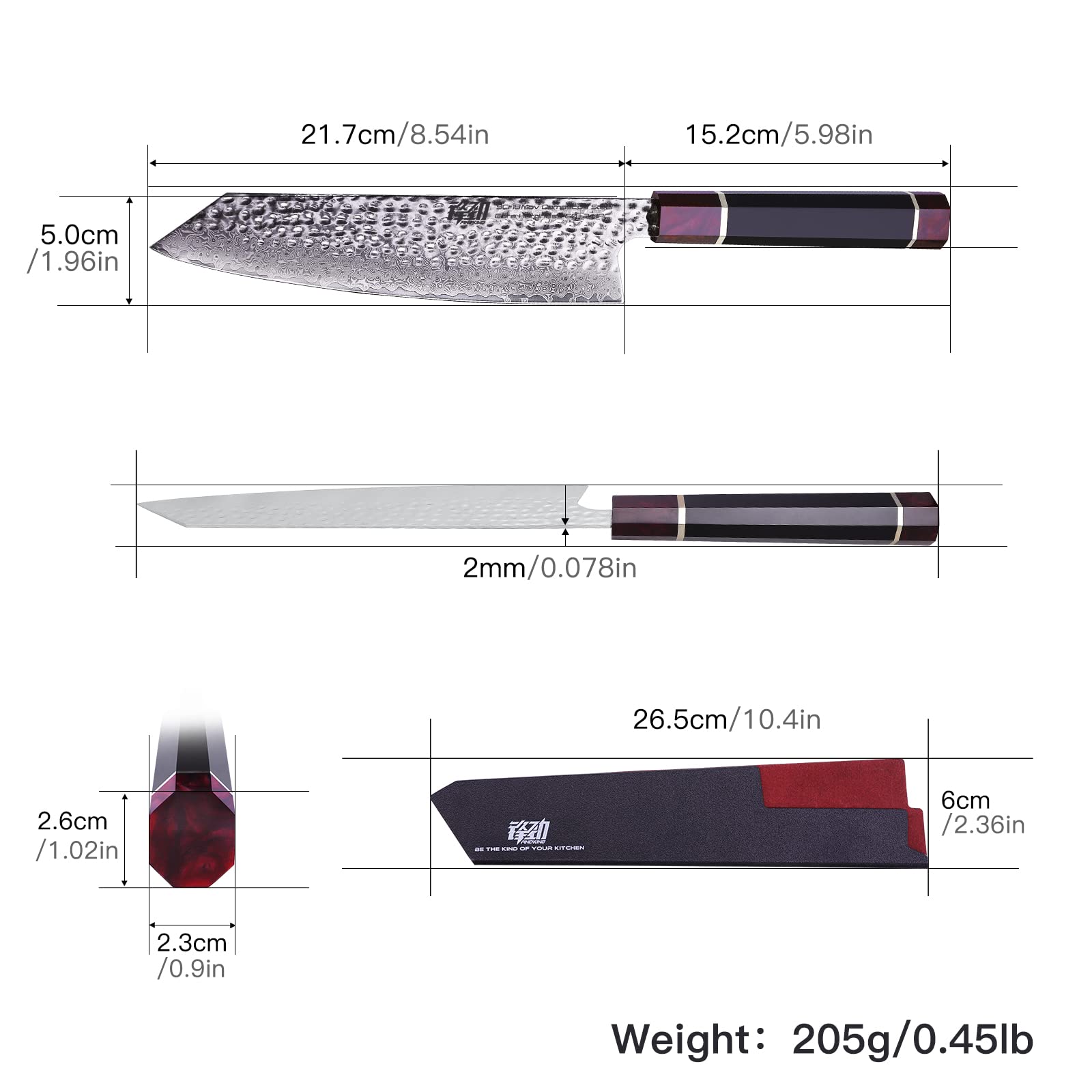 FINDKING Eternity Series Japanese Kiritsuke Knife with ABS sheath, Multi-Purpose Gyuto Chef knife, 9Cr18MoV Damascus Steel Blade, Resin Octagonal Handle, for Meat, Fruits, Vegetables,9 Inches