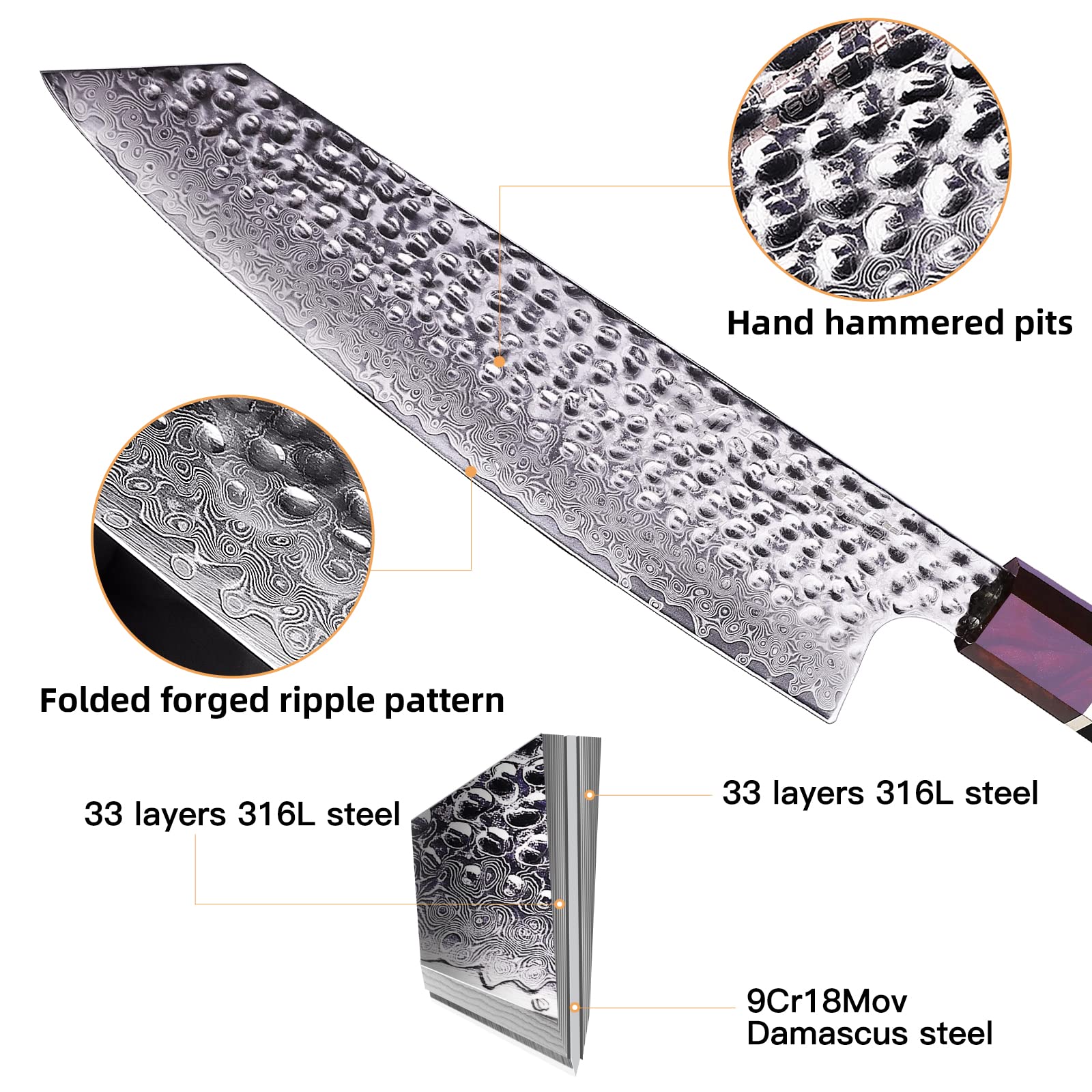 FINDKING Eternity Series Japanese Kiritsuke Knife with ABS sheath, Multi-Purpose Gyuto Chef knife, 9Cr18MoV Damascus Steel Blade, Resin Octagonal Handle, for Meat, Fruits, Vegetables,9 Inches