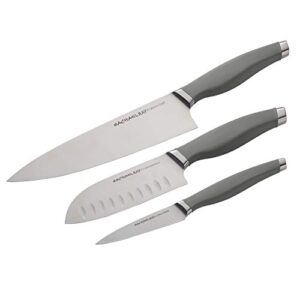 rachael ray cutlery japanese stainless steel knives set with sheaths, 8-inch chef knife, 5-inch santoku knife, and 3.5-inch paring knife, gray