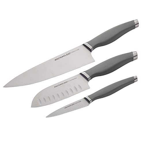 Rachael Ray Cutlery Japanese Stainless Steel Knives Set with Sheaths, 8-Inch Chef Knife, 5-Inch Santoku Knife, and 3.5-Inch Paring Knife, Gray