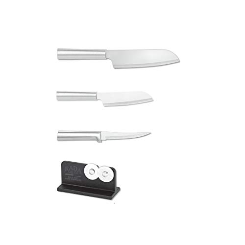 Rada Cutlery Cook’s Starter Kit 4-Piece Set – Includes Super Parer, Cook’s Knife, Cook’s Utility Knife With Brushed Aluminum Knife Handles Plus Quick Edge Knife Sharpener