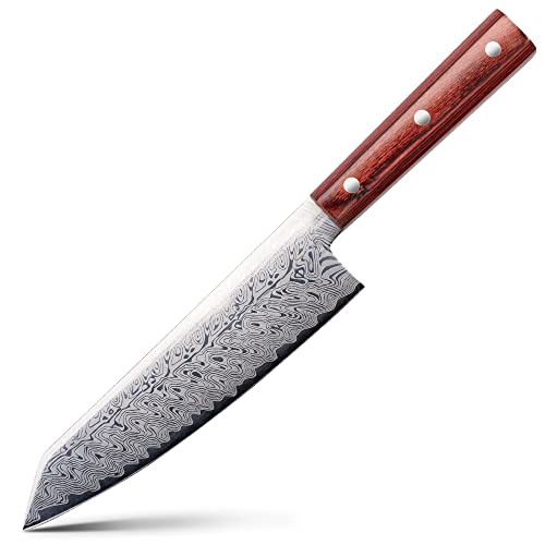 ALLWIN-HOUSEWARE W Beauty German High Carbon Stainless Steel Chef Knife with Laser Pattern, 8 Inch Color Wood Handle Gyutou Knife, Red