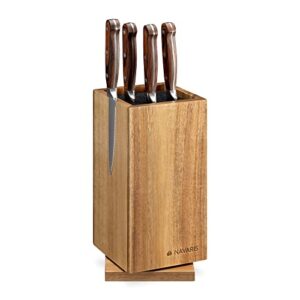 navaris rotating wood knife block - magnetic universal holder without knives - kitchen storage with plastic bristles and magnetic sides - acacia