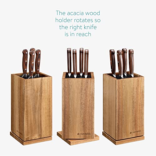 Navaris Rotating Wood Knife Block - Magnetic Universal Holder without Knives - Kitchen Storage with Plastic Bristles and Magnetic Sides - Acacia