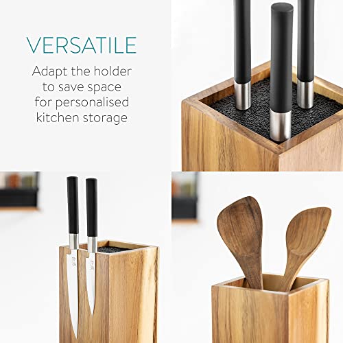 Navaris Rotating Wood Knife Block - Magnetic Universal Holder without Knives - Kitchen Storage with Plastic Bristles and Magnetic Sides - Acacia