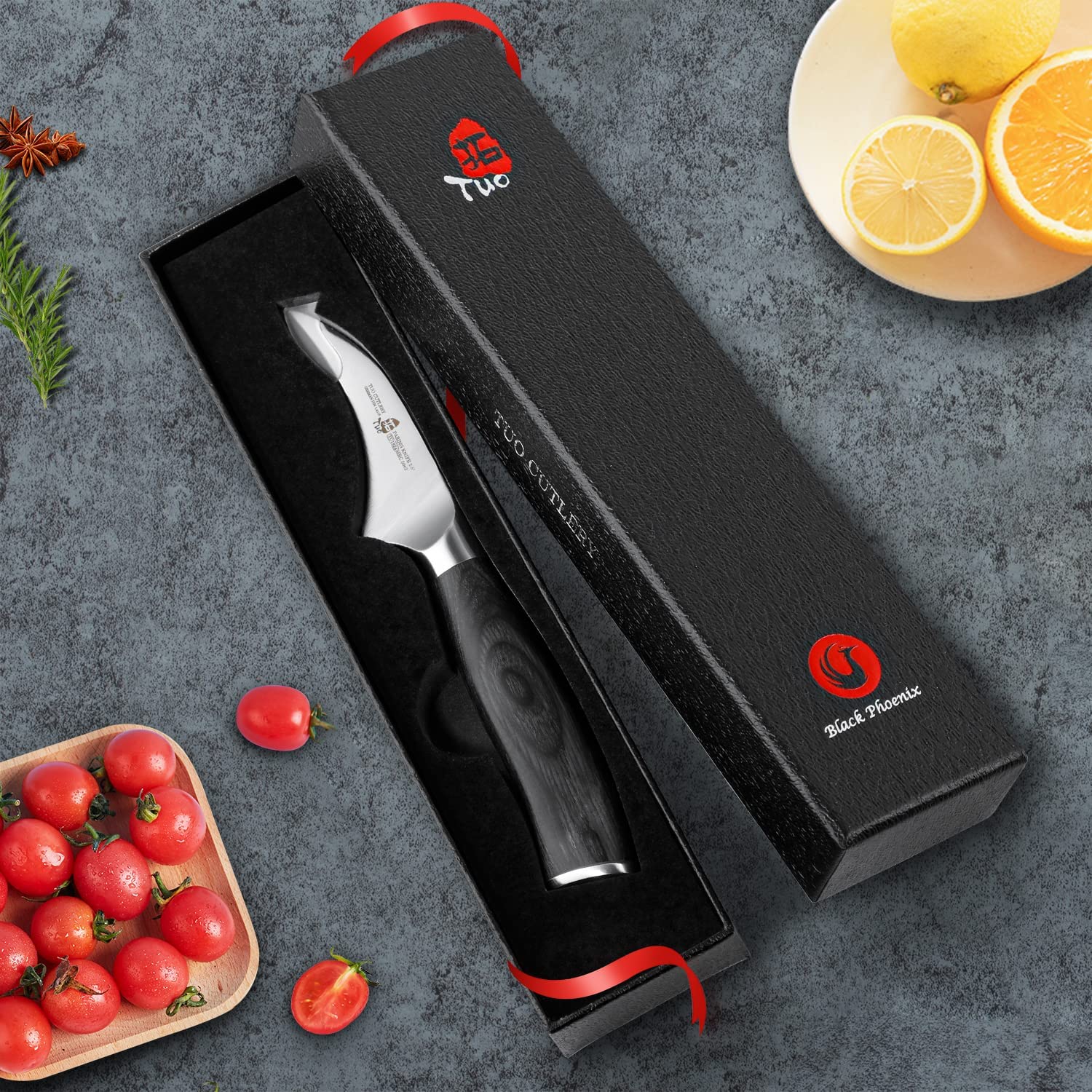 TUO Bird Beak Fruit Knife 2.5 inch Paring Knife, German HC Steel Ergonomic Pakkawood Handle Gift Box Cutlery, Fiery Phoenix Series - Black
