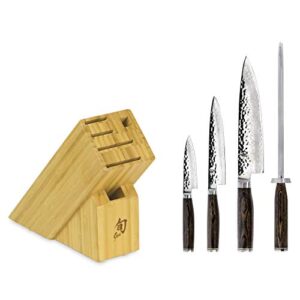 shun cutlery premier 5-piece starter block set, kitchen knife, knife block set, includes 8” chef's knife, 4” paring knife, 5.6” utility knife, & honing steel, handcrafted japanese kitchen knives