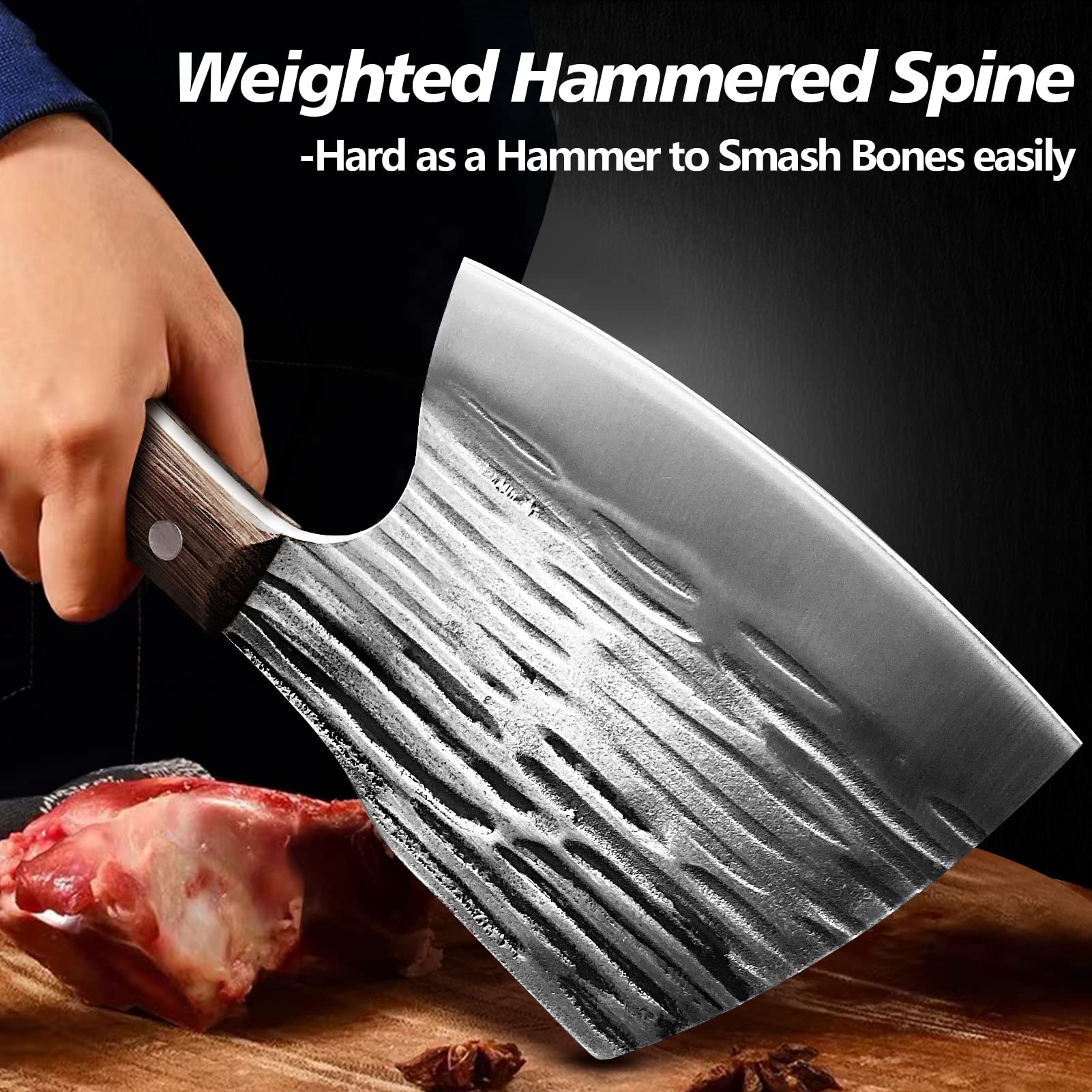 ohmonlyhoo Meat Cleaver Knife Heavy Duty Bone Chopper, Butcher Knife for Meat Cutting, Bone Cutter with Hand Forged High Carbon Steel Full Tang Viking Chopping Axe Outdoor