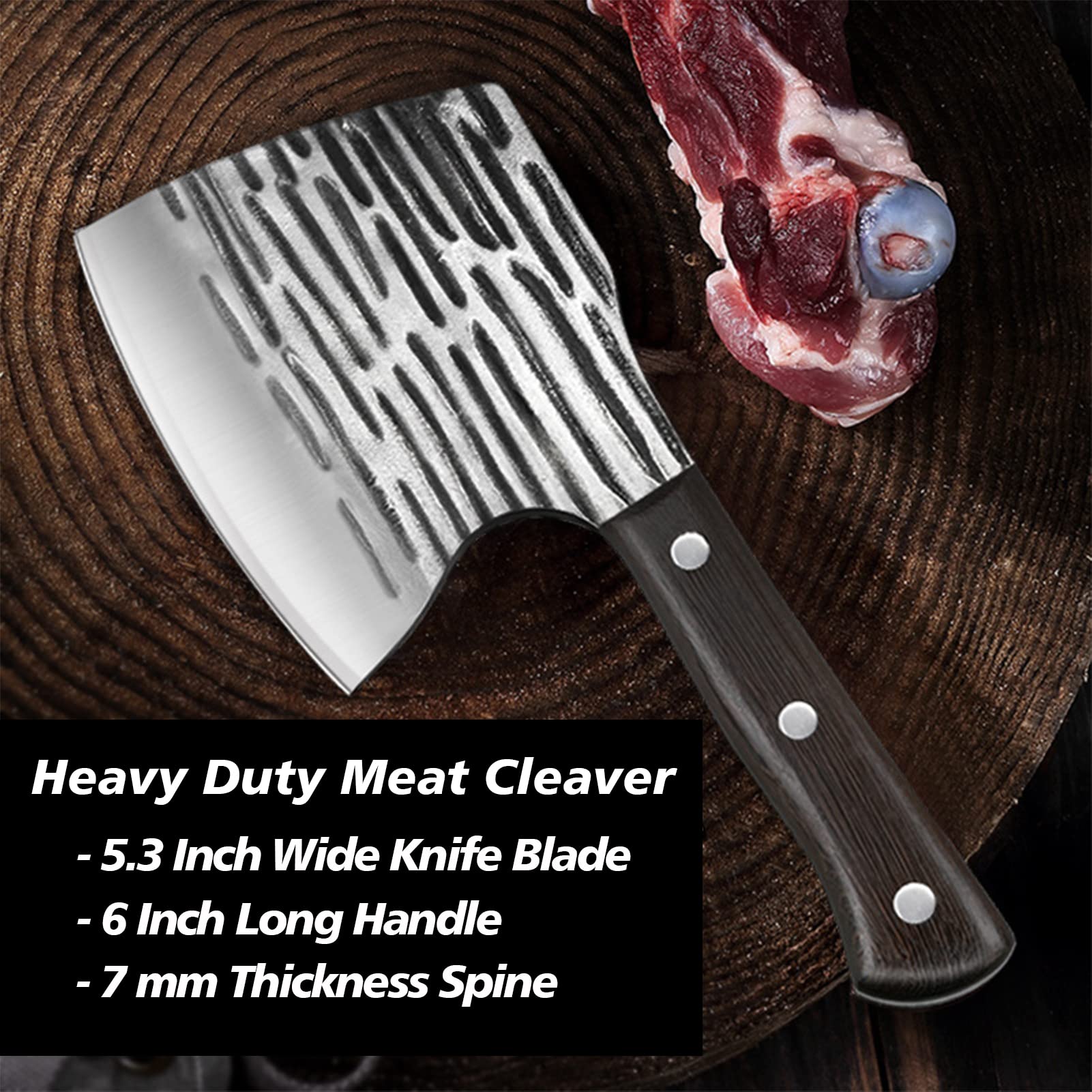 ohmonlyhoo Meat Cleaver Knife Heavy Duty Bone Chopper, Butcher Knife for Meat Cutting, Bone Cutter with Hand Forged High Carbon Steel Full Tang Viking Chopping Axe Outdoor