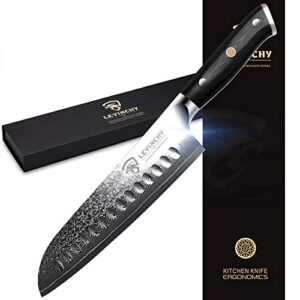levinchy damascus santoku knife 7 inch professional japanese damascus stainless steel with black premium g10 handle, superb edge retention, stain & corrosion resistant ergonomic