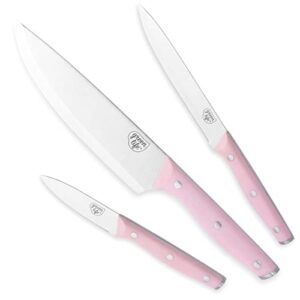 greenlife high carbon stainless steel 3 piece knife set with covers, includes chef utility and pairing, comfort grip handles,triple rivet cutlery, soft pink