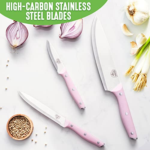 GreenLife High Carbon Stainless Steel 3 Piece Knife Set with Covers, Includes Chef Utility and Pairing, Comfort Grip Handles,Triple Rivet Cutlery, Soft Pink