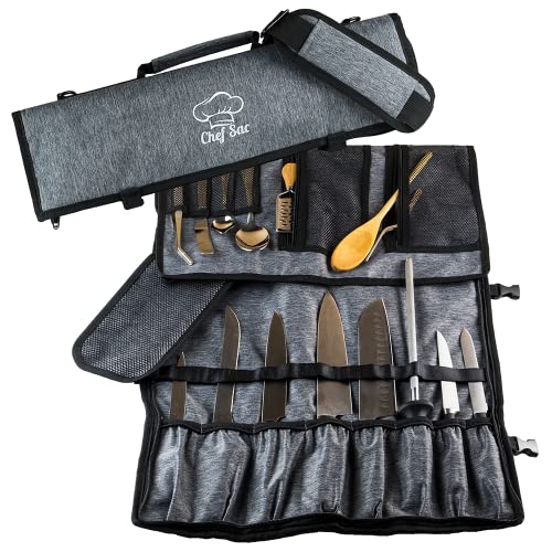 Chef Knife Bag Knife Roll Bag | 9 Slots for Knives Cleaver & Kitchen Utensils | 2 Large Zip Pockets | Padded Shoulder Sling Strap | Best Gift for Professional Chefs & Culinary Students (Grey)