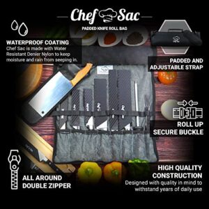 Chef Knife Bag Knife Roll Bag | 9 Slots for Knives Cleaver & Kitchen Utensils | 2 Large Zip Pockets | Padded Shoulder Sling Strap | Best Gift for Professional Chefs & Culinary Students (Grey)