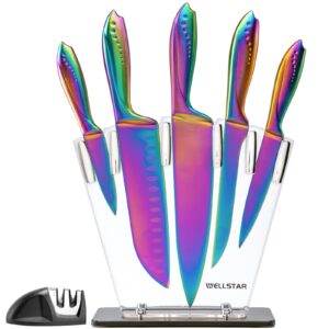 wellstar rainbow knife set 7 pieces, iridescent german stainless steel kitchen knives set with acrylic stand holder, colorful titanium coating, chef’s knife block set with 2 stage mini knife sharpener