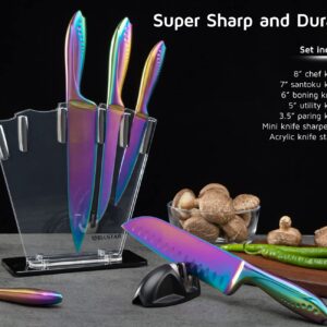 WELLSTAR Rainbow Knife Set 7 Pieces, Iridescent German Stainless Steel Kitchen Knives Set with Acrylic Stand Holder, Colorful Titanium Coating, Chef’s Knife Block Set with 2 Stage Mini Knife Sharpener