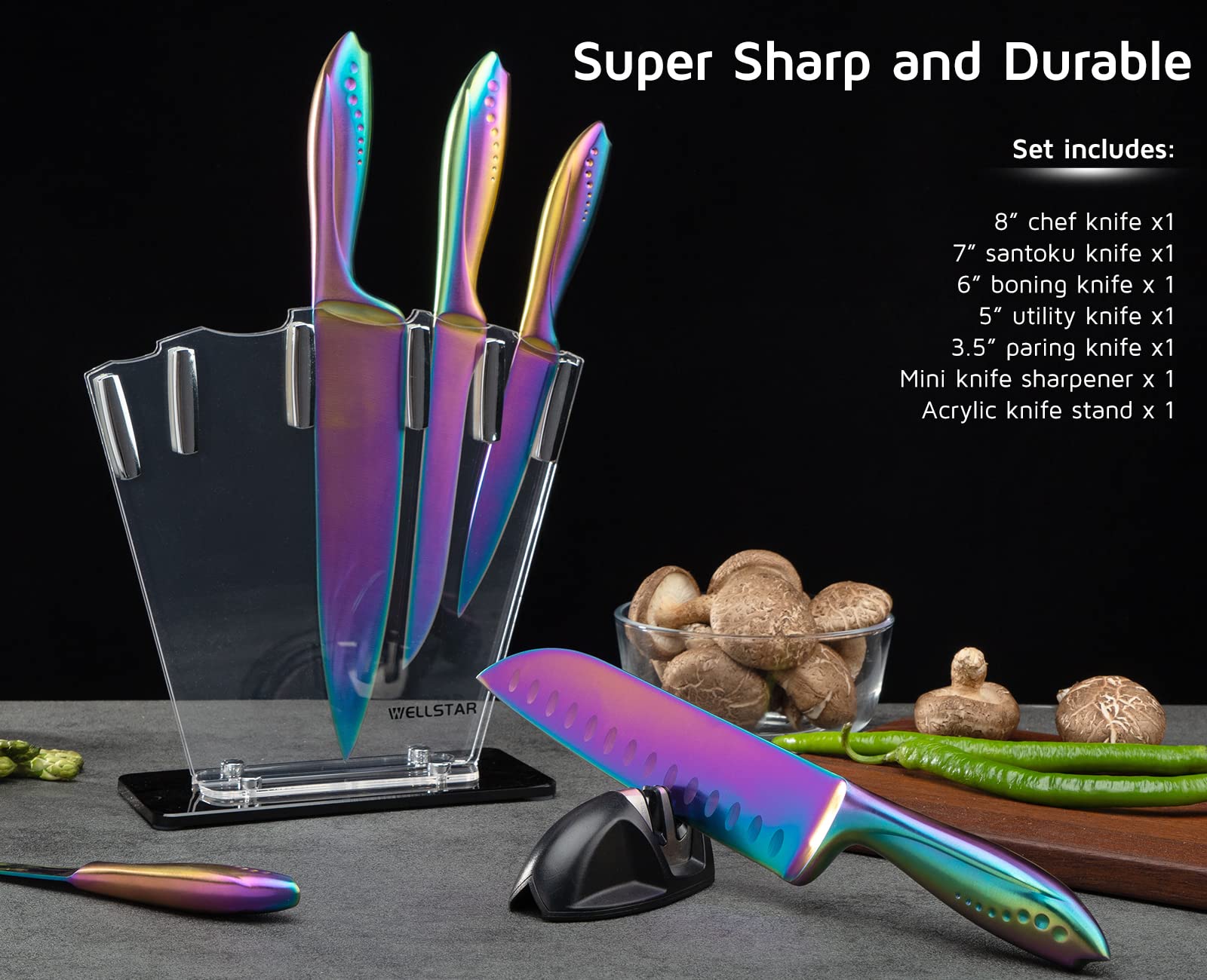 WELLSTAR Rainbow Knife Set 7 Pieces, Iridescent German Stainless Steel Kitchen Knives Set with Acrylic Stand Holder, Colorful Titanium Coating, Chef’s Knife Block Set with 2 Stage Mini Knife Sharpener