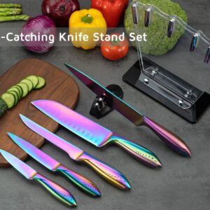 WELLSTAR Rainbow Knife Set 7 Pieces, Iridescent German Stainless Steel Kitchen Knives Set with Acrylic Stand Holder, Colorful Titanium Coating, Chef’s Knife Block Set with 2 Stage Mini Knife Sharpener