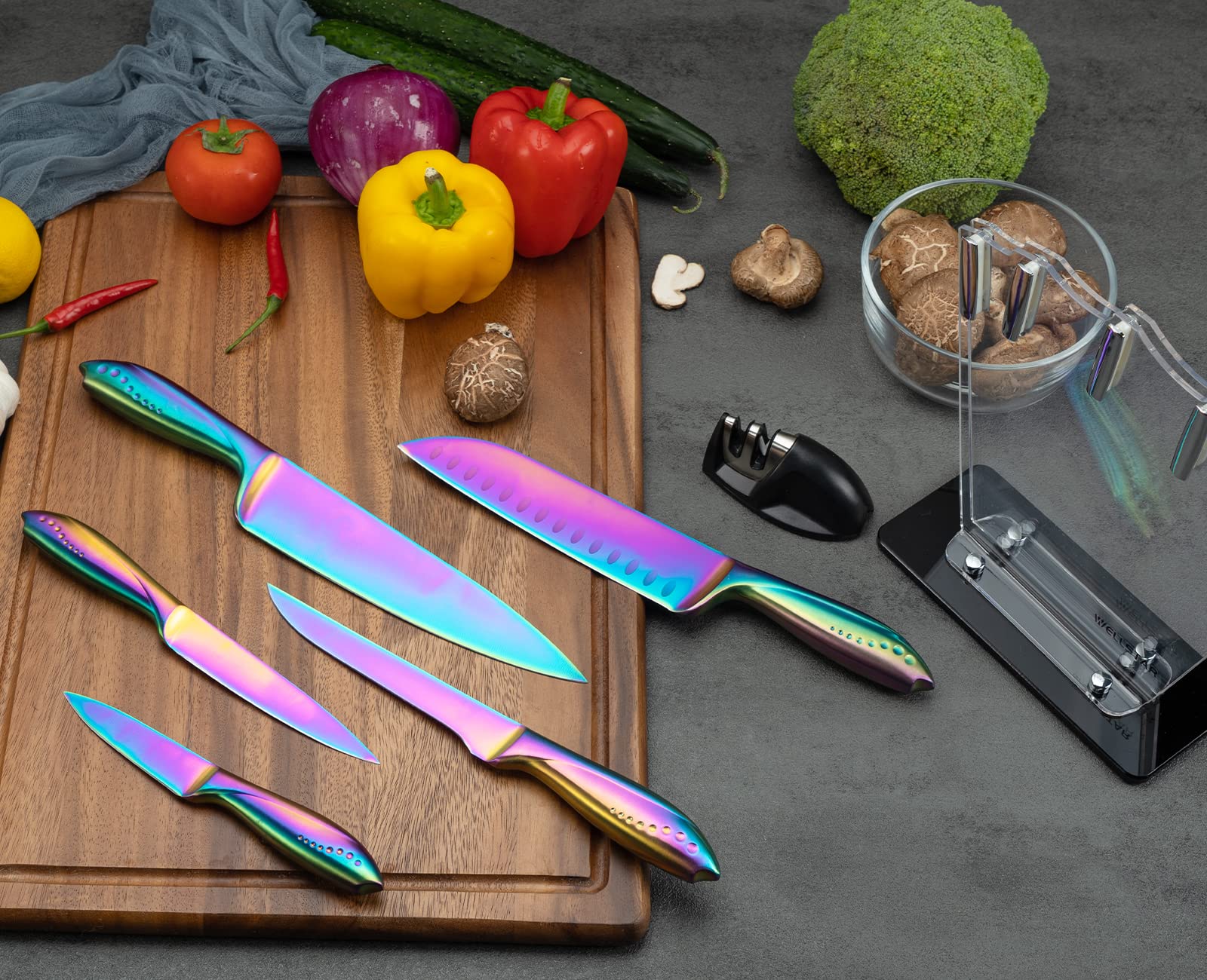 WELLSTAR Rainbow Knife Set 7 Pieces, Iridescent German Stainless Steel Kitchen Knives Set with Acrylic Stand Holder, Colorful Titanium Coating, Chef’s Knife Block Set with 2 Stage Mini Knife Sharpener